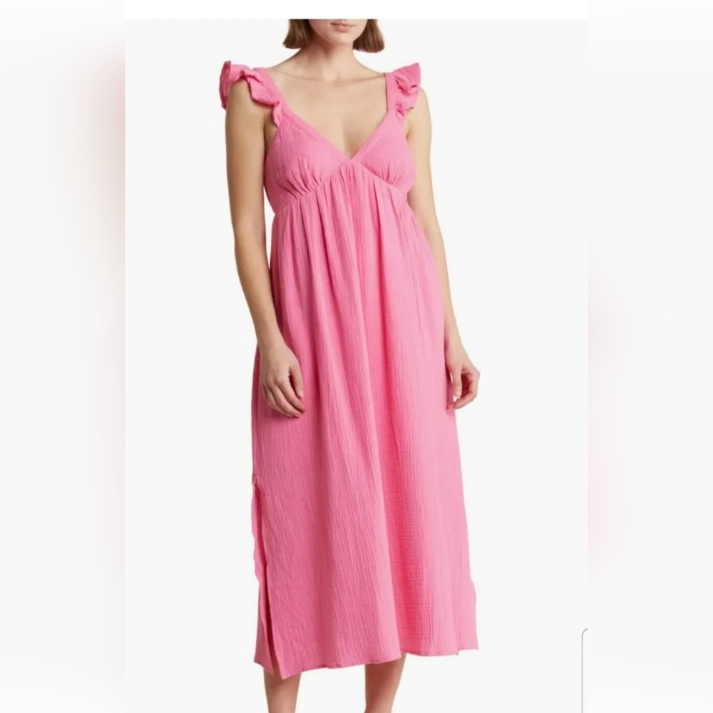 WISHLIST Dress Women's Size Medium Pink Flutter Sleeve V-neck Midi